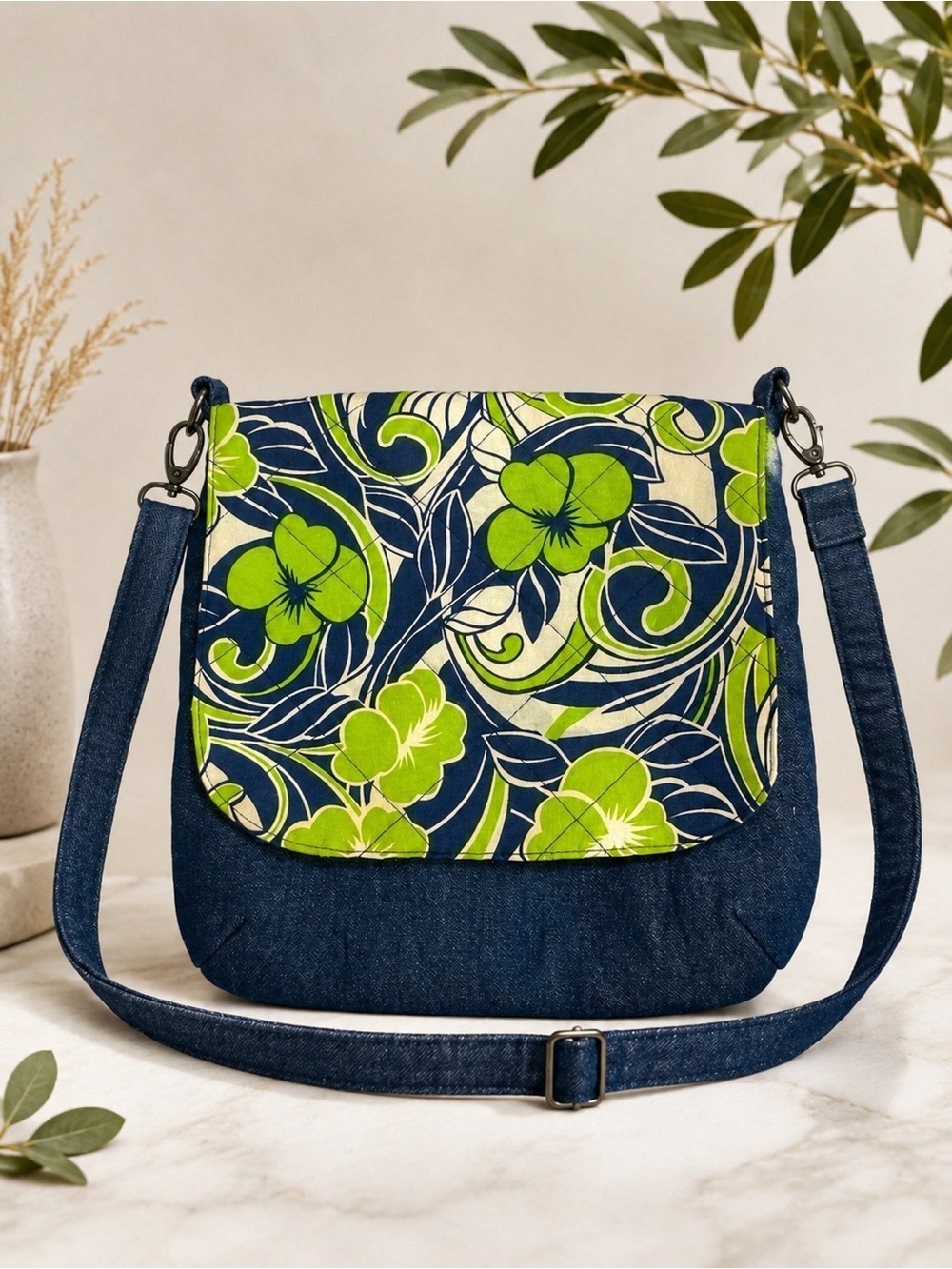 Honey Made Designs Denim Floral Flap Crossbody Bag Quilted Green Blue